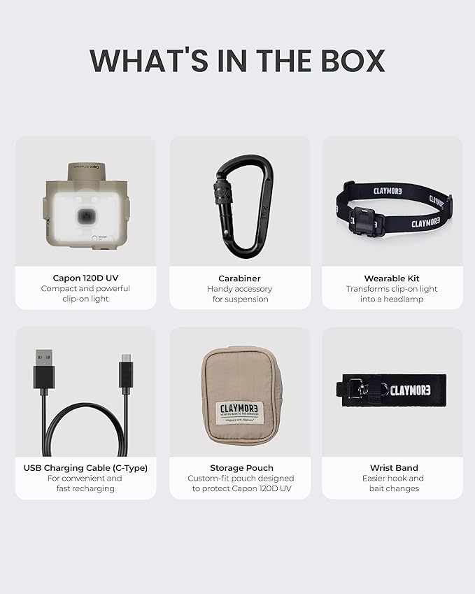 Claymore Capon 120D UV (Tan) - LED Rechargeable Clip-On Cap Headlamp, Lightweight Hat Light for Camping, Running, Hiking, Emergency & Industrial Use, Waterproof, Up to 45 Hours of Battery Life.