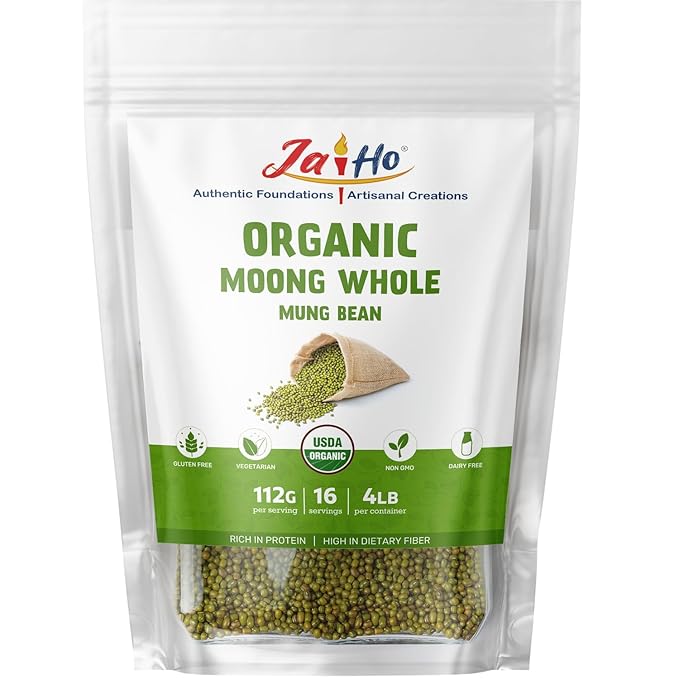 Jai Ho Certified Organic Kabuli Chana Garbanzo Beans 4 lb | Chickpeas Lentils | Indian Kabuli Chole Chana | USDA Organic | Non-GMO | Chemical-Free | Premium Quality Kosher (4 Pound, Whole Moong)