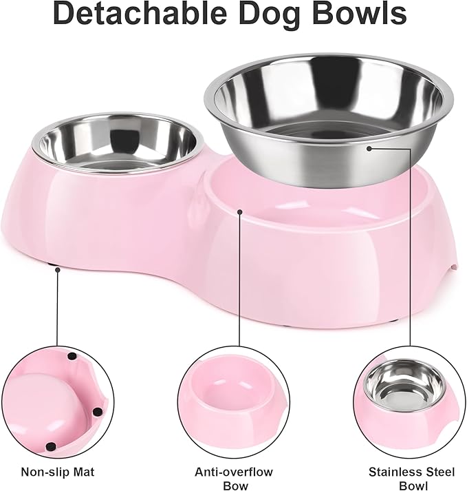 Double Dog Bowls Set ??Non-Slip Pet Food & Water Dishes with Resin Stand, Includes Small (1 Cup) & Medium (2 Cups) Bowls ??Ideal for Puppies, Cats, and Medium Dogs ??Pink