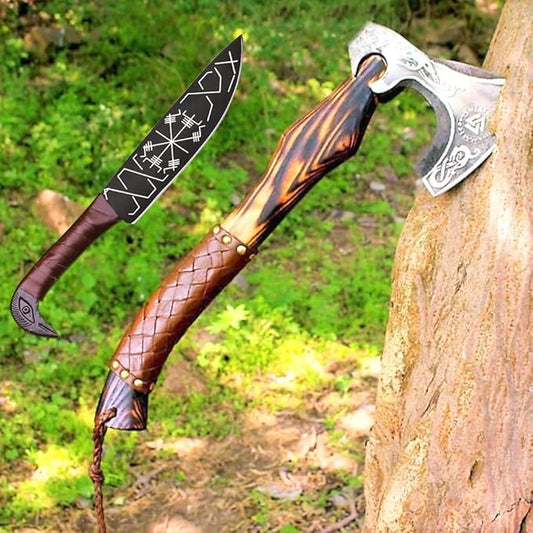Viking Axe Gift Vikings Knife with Sheath | Hand Forged Real Handmade Outdoor Hunting Camping Axes and Hatchets | Viking Gifts for Men (Ax-05)