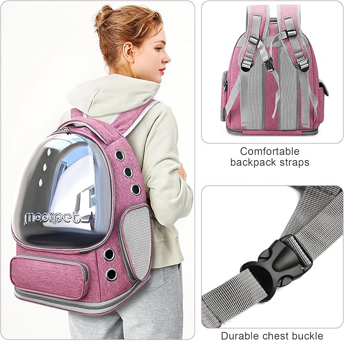 Cat Backpack Carrier, Breathable Cat Bubble Backpack Large Space Cat Carrier Backpack for Kitty Small Dog, Foldable Airline Approved Cat Backpack, Transparent Pet Travel Backpack Up to 20 lbs (Pink)