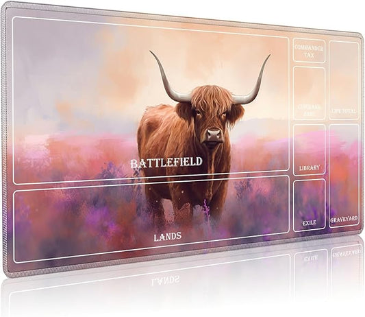 Playmat for MTG with Magic Zones, 24 x 14 inches Game Play Mat for MTG TCG, Trading Card Game Play Mat Desk Mats with Stitched Edges Non-Slip Base, Watercolor Painting Cow
