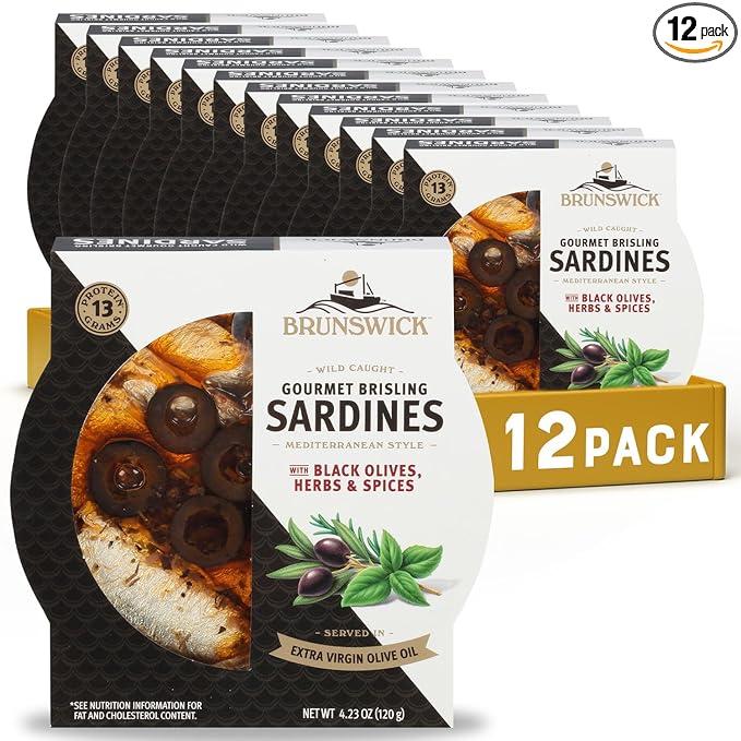 Brunswick Wild Caught Gourmet Brisling Sardines in Extra Virgin Olive Oil,Mediterranean Style,with Black Olives,Herbs and Spices,4.23 oz Can (Pack of 12)-Wild Caught Sardines-13g Protein per Serving