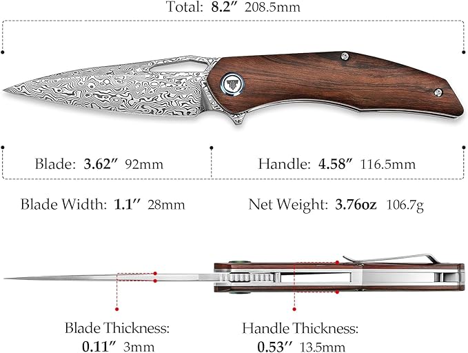 3.62'' Damascus Folding Pocket Handmade Knife for Men With Clip, Front Flipper Utility Knife for Best EDC Outdoor Camping Hiking Work Knives,Ironwood Handle &Ti Ring.Taurus-01i