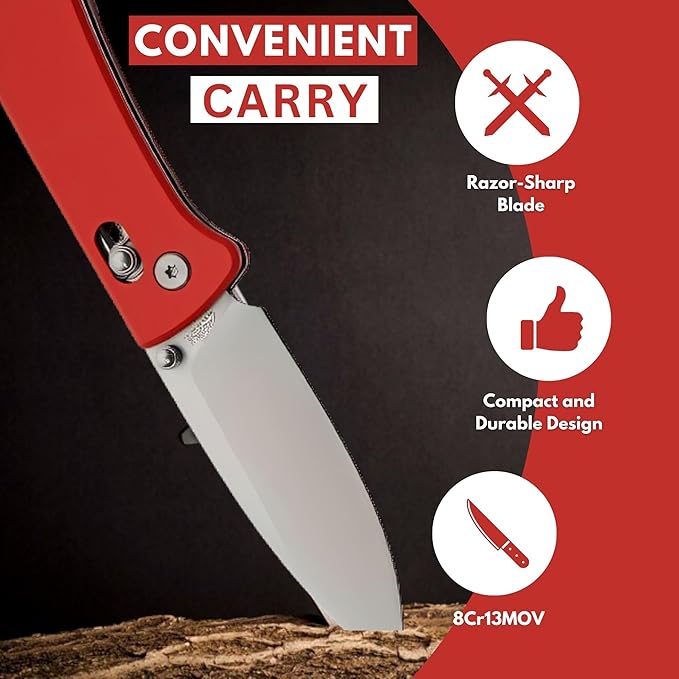 Rite Edge Premium Folding Pocket Knife 4.25" With Stainless Steel Blade, G10 Handle, Belt Clip - Camping Outdoor Utility Folder, Father's Day Gift - Red