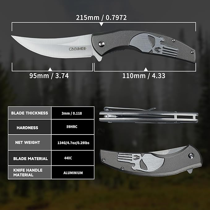 Folding Knife with upswept 440C High Carbon Stainless Steel Blade, Grey Aluminum Handle, with Deep Carry Pocket Clip, Outdoor EDC Knife for Camping, Hiking, Fishing