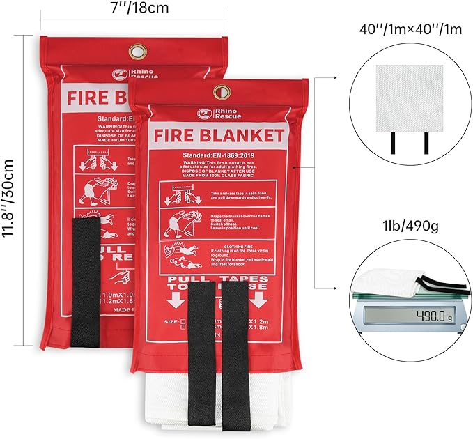 RHINO RESCUE Fire Blanket, 40''×40'' Fiberglass Emergency Fireproof Gear, Flame Retardant Protection for Home, Kitchen, Camping, Hiking, 2 Count