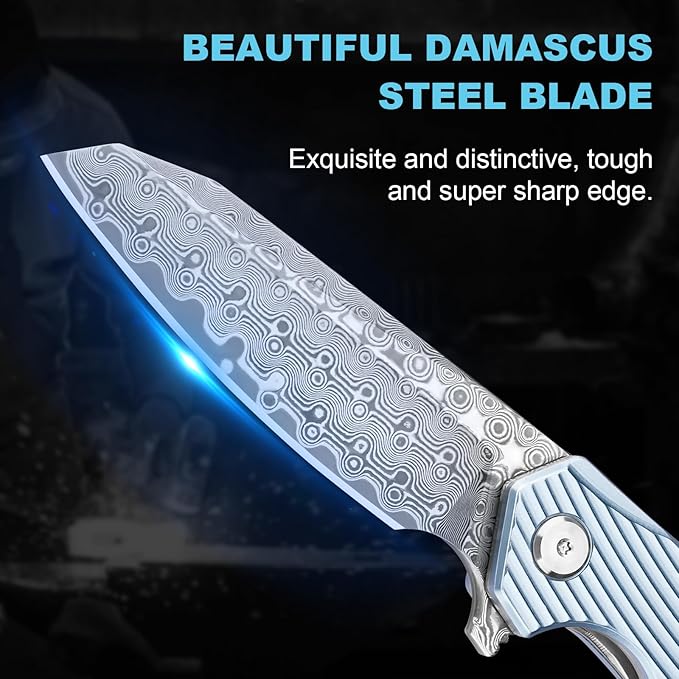 Damascus Pocket Knife 3.46" Damascus Steel Blade EDC Pocket Knives & Folding Knives for Men Women Blue Non-Slip Handle