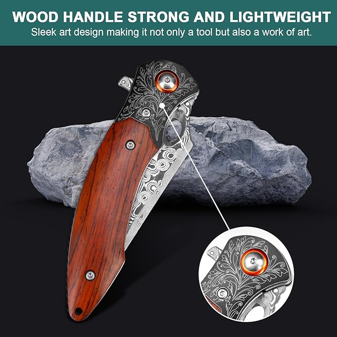 Damascus Pocket Knife, 3.27??Damascus Blade EDC Folding Knives with Guibourtia Wooden Handle, Christmas Ideal for Utility Gift