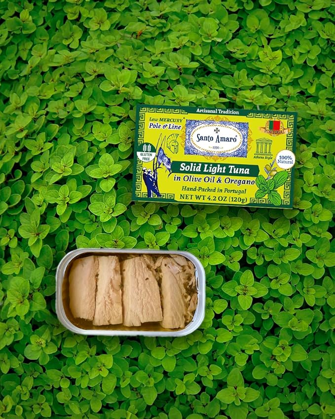 Santo Amaro - Artisanal Wild Tuna Fillets in Olive Oil & Oregano, Pole & Line Caught Tuna from Portugal, Hand-Packed Athens-Style Canned Tuna Fish, 22g Protein, Paleo, Keto, Low Mercury, Pack of 3