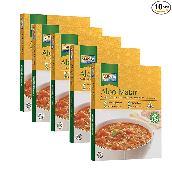 Ashoka Instant Meals 1932, All-Natural Vegan Potatoes & Peas, Kosher Certified Microwaveable Meals, Ready to Eat Indian Food, Aloo Matar, Flavorful Lunch Meal, No Preservatives, Pack of 10