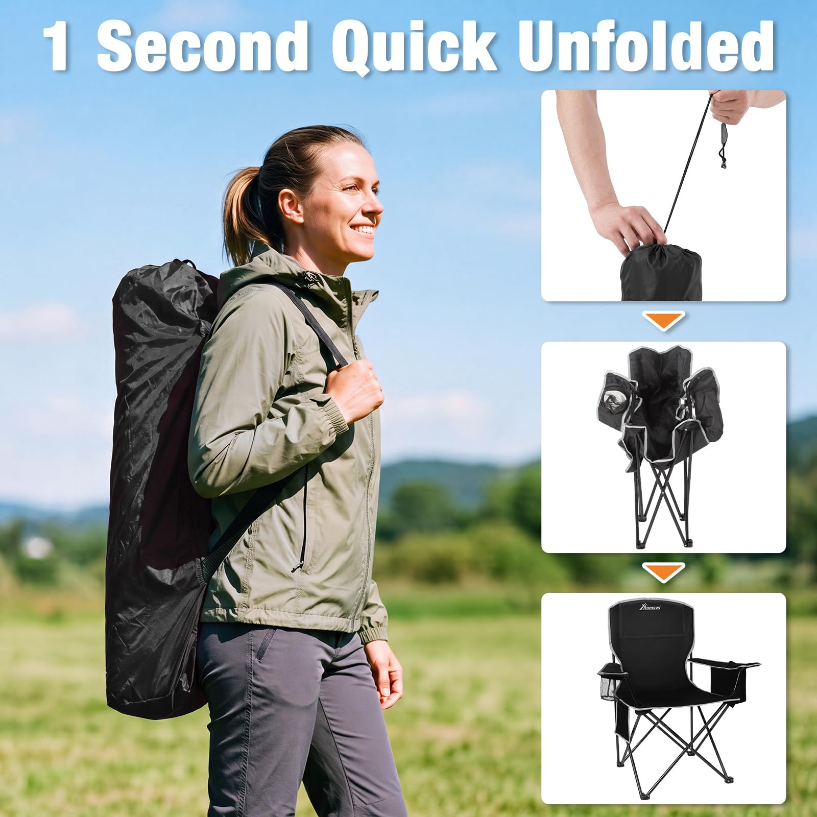 Romswi Lightweight 2Pcs Camping Chairs for Adults, Folding Lawn Chair with 4-Can Cooler Bag, Cup