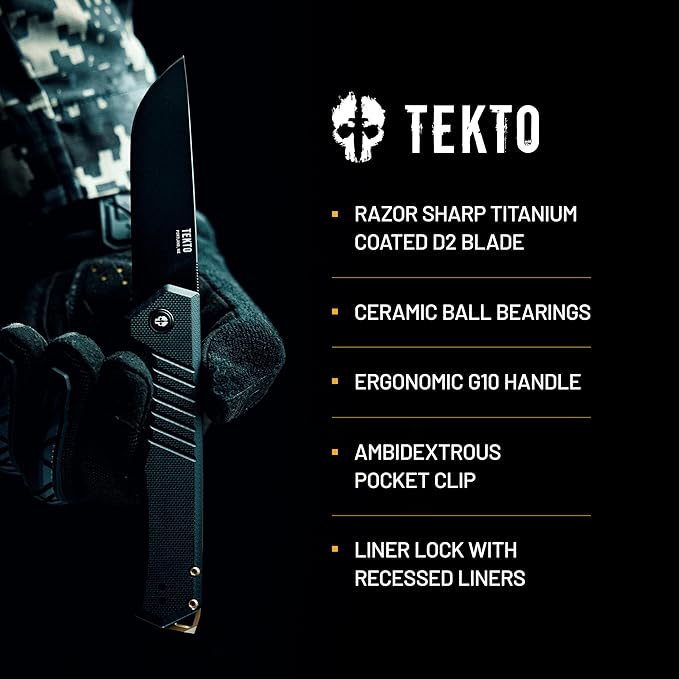 F1 Alpha Folding Pocket Knife - Modified Straight Back Blade, Titanium Coated D2 Steel, Ideal for Outdoor Camping and Backpacking, Tactical G10 Black Handle, Bronze Titanium Accents