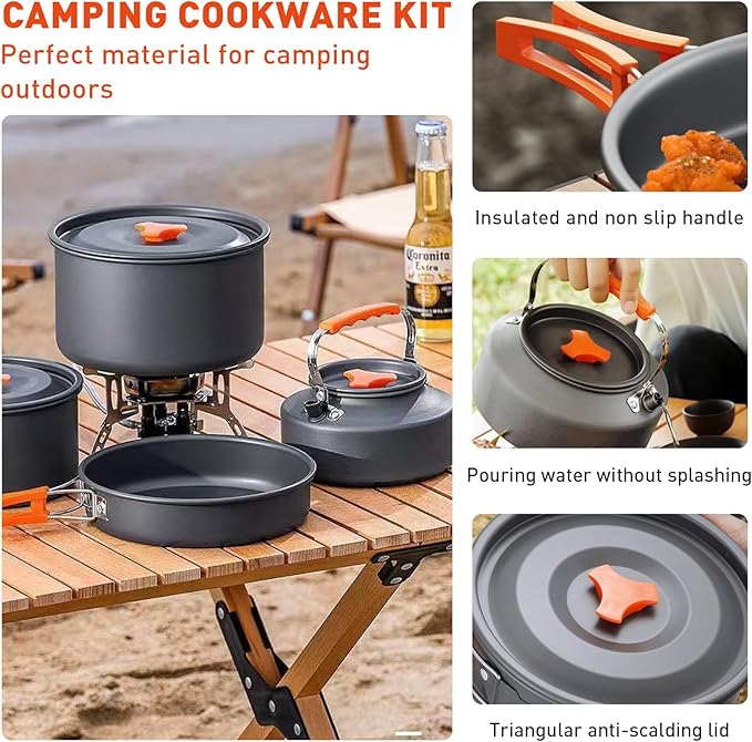 Camping Cookware Camping Cooking Set, Non-Stick Pots and Pans with Kettle, 2 Stainless Steel Plates, 2 Water Cups, 2 Sets of Knives and Forks, Spatula, Dish Towel, Backpack Storage Bag