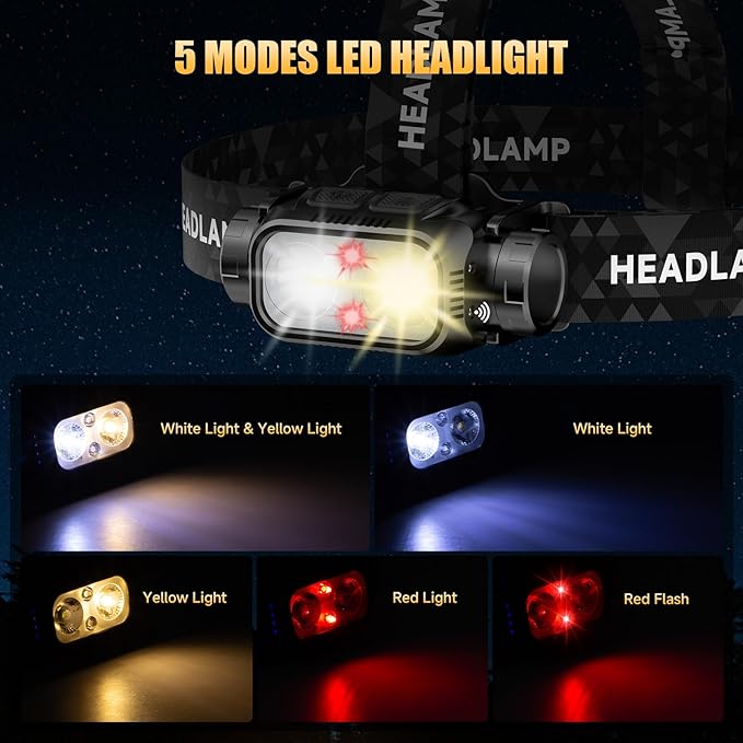 Rechargeable LED Headlamp 6 Pack, High Lumen Super Bright Head Lamp with Red Light, Motion Sensor, 5 Modes, 90° Adjustable, Waterproof Lightweight Headlamps for Adult Running, Camping, Fishing