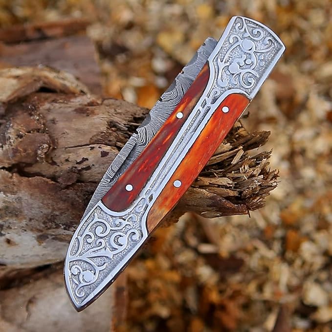 6.5 inch Damascus Pocket Knife with Sheath, Handmade Folding Pocket Knife for Men, Black-Red Wooden Handle with Brass Bolster, Secure Lock Back Camping Knife for EDC,Hunting,Hiking (Multi)