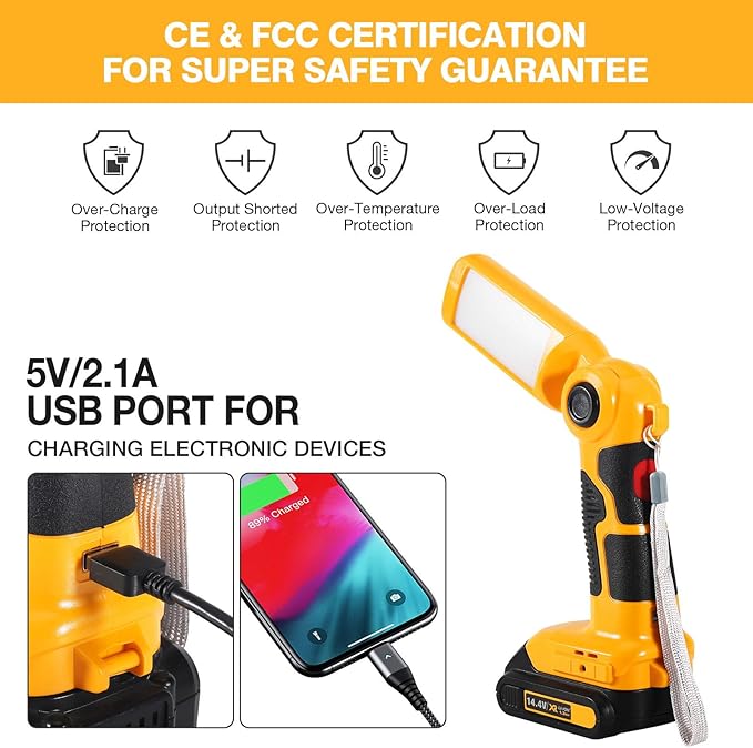 YEX-BUR Led Work Light for Dewalt 20v Battery, 12W 1000LM Cordless Handheld Spotlight with USB Port LED Jobsite Light Desk Lamp Flashlight for Camping Workshop Garage