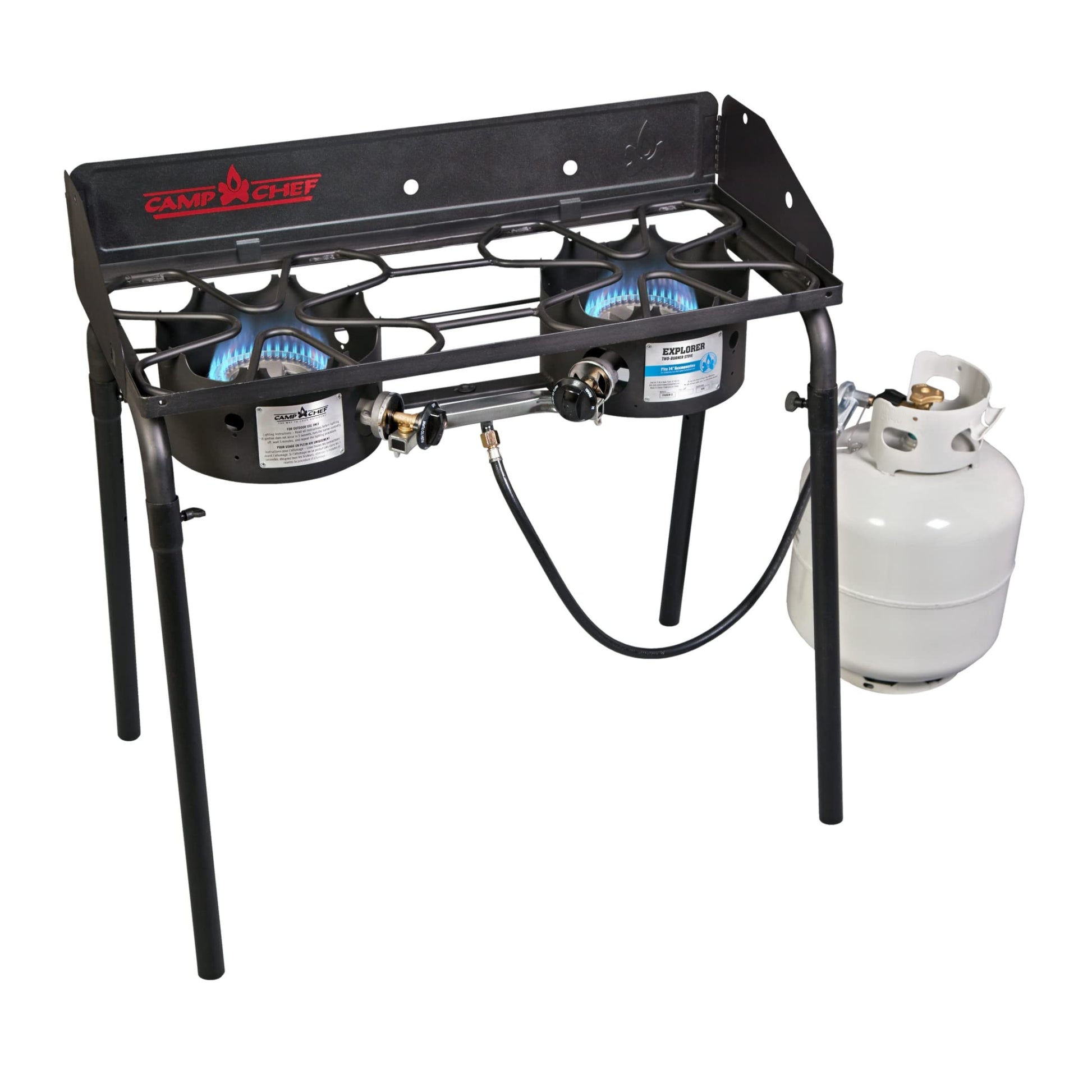 Camp Chef Explorer, Two Burner Stove, Two 30,000 BTU's cast-aluminum burners, Cooking Dimensions: