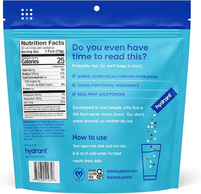 HYDRANT - Hydrate Electrolyte Powder, Blood Orange Flavor, 30 Rapid Hydration Individual Stick Packs - Low Sugar Drink Mix for Daily Use, Travel & Workouts