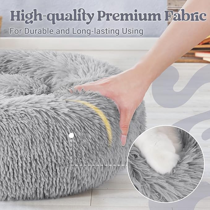 rabbitgoo Dog Bed for Small, 24 inches Machine Washable, Fluffy Donut Pet Bed Anti-Slip, Calming Soft Plush Round Cushion, Fits up to 18 lbs Pets, Light Grey