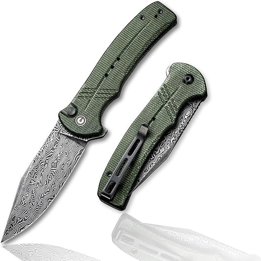 CIVIVI Cogent Button Lock Flipper Pocket Knife, Damascus Blade Green Micarta Handle, Good for Outdoor EDC Camping C20038D-DS1