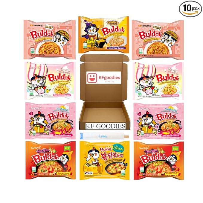 KF GOODIES Korean Ramen Variety Pack Gift Box (10 Count) – Spicy Buldak Noodle Assortment for Birthdays, College Care Packages, Office Snacks, and Gift Baskets