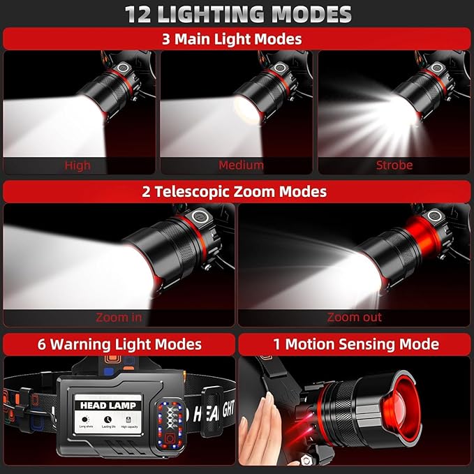 Headlamp 90000 LUMENS LED Rechargeable Head Lamps, Zoomable Headlight with 5 Modes & IPX7 Waterproof, 120° Adjustable Head Lights for Forehead for Outdoor, Camping, Hard Hat, Hunting,Fathers Day Gift