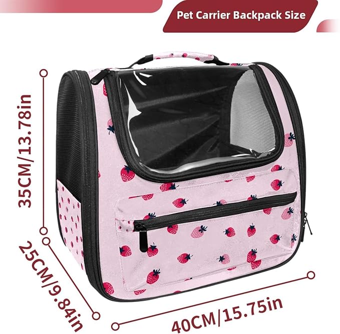 Pink Strawberry (2) Pet Cat Backpack Carrier for Kitty Small Dog, Ventilated Pet Carrier Bag for Car, Walking, Hiking, Outdoors