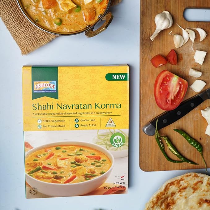 Ashoka Traditional Indian Meals 1932, Vegan Mixed Vegetable Curry, All-Natural Ready to Eat Microwavable Entrees, Shahi Navratan Korma, Kosher Certified, Gluten-Free with No Preservatives, Pack of 5