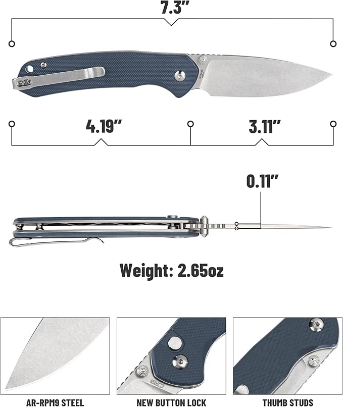 CJRB Folding Knife Pyrite (J1925) AR-RPM9 Blade and Stainless Steel Handle EDC Pocket Knife with Clip Blue