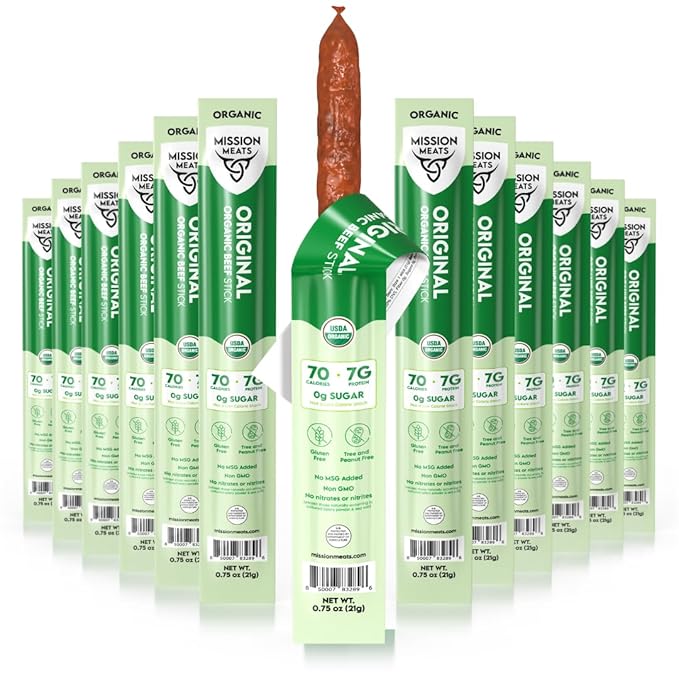 Mission Meats 100% Certified Organic Beef Sticks – Pasture-Raised, Zero Sugar, Non-GMO, Healthy Individually Wrapped Meat Sticks Snack, 0.75oz (12ct)