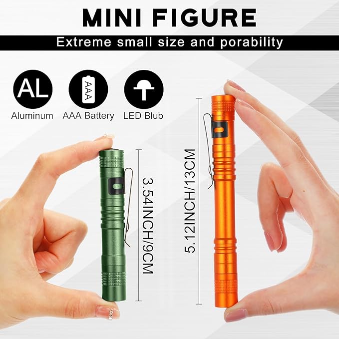 Hortsun 10 Pcs Mini Flashlight Bulk LED Pen with Pocket Small Flashlight with Clip for Outdoor Father's Day Gift for Men(3.54 Inch, 5.12 Inch,Black, Green, Grey, Blue, Orange)