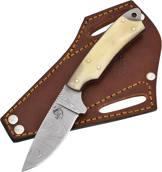 Knives Ranch EDC Hunting Knife - Carbon Steel Damascus - Bone Handle - Pancake Sheath (2001-B)