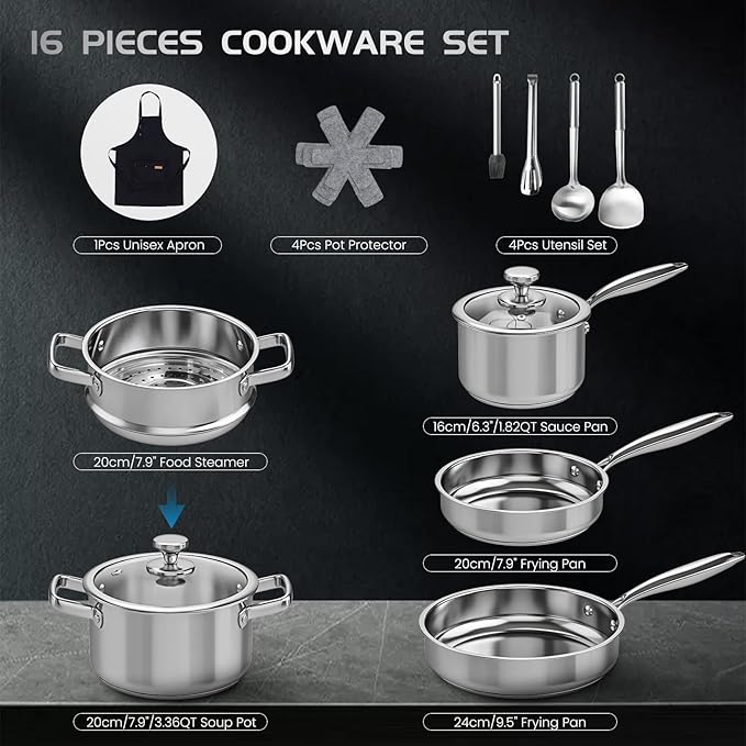 Meythway 𝐇𝐄𝐀𝐕𝐘 Pots and Pans Set Non Toxic, 16PCs Stainless Steel Cookware Set with Steamer, Kitchen Induction Cookware with Utensil Sets, Pot Protectors and Apron For Oven & Dishwasher Safe