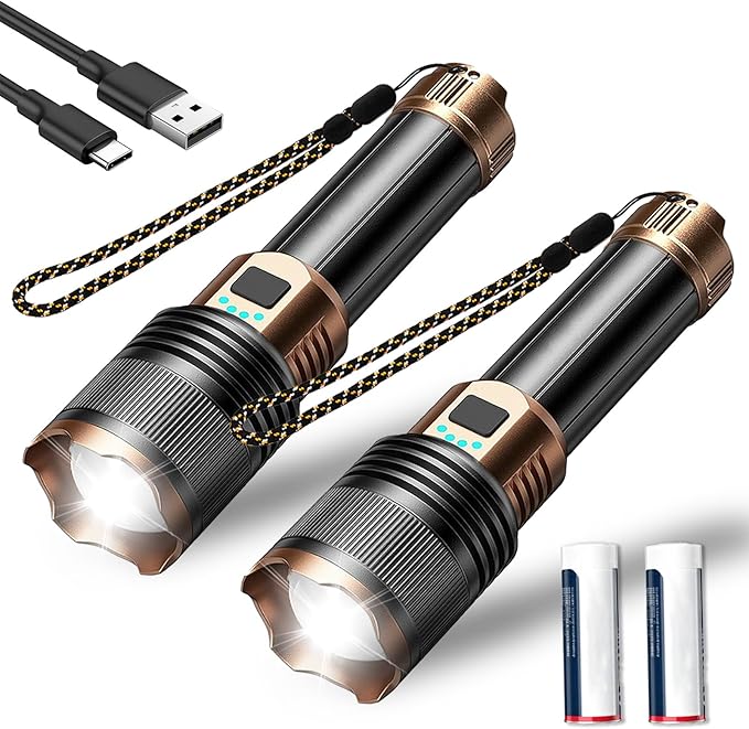 GDSAFS Gloryboom Flashlight, Rechargeable 1097 Flashlight Strong Light, Ultra Bright Long-Range Portable Ultra Long Endurance Lighting Flashlights for Outdoor Camping Hiking Emergencies (2pcs-Gold)