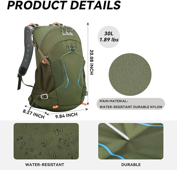 30L Hiking Backpack Lightweight Waterproof and Durable Backpack with Ventilated Sweat-Wicking Internal Frame Daypack for Men and Women Camping Travel and Outdoor Adventures,Green