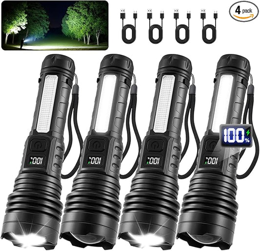 4Pack Flashlights High Lumens 9900FL, 7Mode Flashlight Rechargeable with LCD Digital Display, Rechargeable Flashlights with COB Light, Adjustable Super Bright Flashlight, Powerful Tactical Flash Light