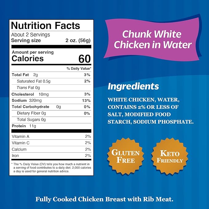 Sweet Sue Chunk White Chicken in Water, 5 oz Can (Pack of 1) - 11g Protein per Serving - Gluten Free, Keto Friendly - Great for Snack, Lunch or Dinner Recipes
