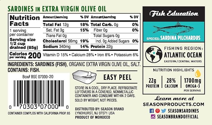 Season Sardines in Extra Virgin Olive Oil - Wild Caught, 22g of Protein, Keto Snacks, More Omega 3's Than Tuna, Kosher, High in Calcium, Canned Sardines - 4.37 Oz Tins, 12-Pack