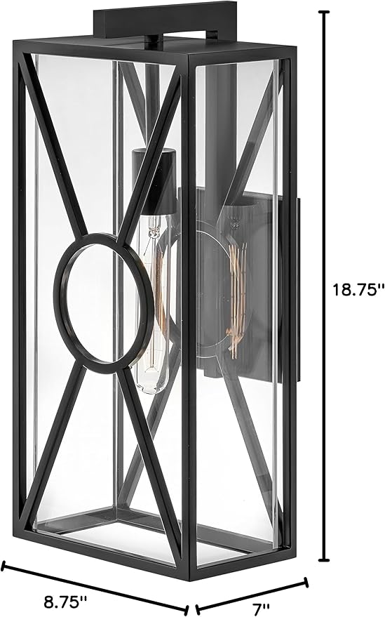 Hinkley Brixton Medium Wall Mount Outdoor Lantern - Composite, Anti-Fading, 1-Light, Transitional, Wet Rated, Clear Mitered Glass - Black Finish