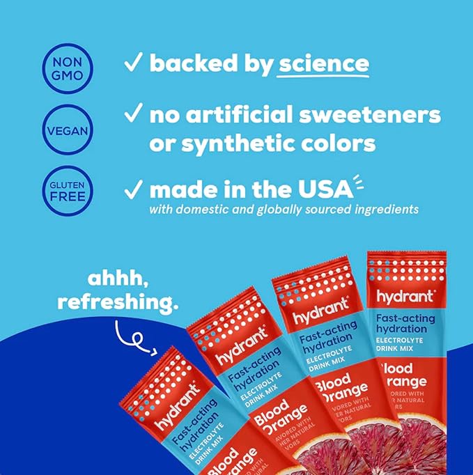 HYDRANT - Hydrate Electrolyte Powder, Blood Orange Flavor, 30 Rapid Hydration Individual Stick Packs - Low Sugar Drink Mix for Daily Use, Travel & Workouts