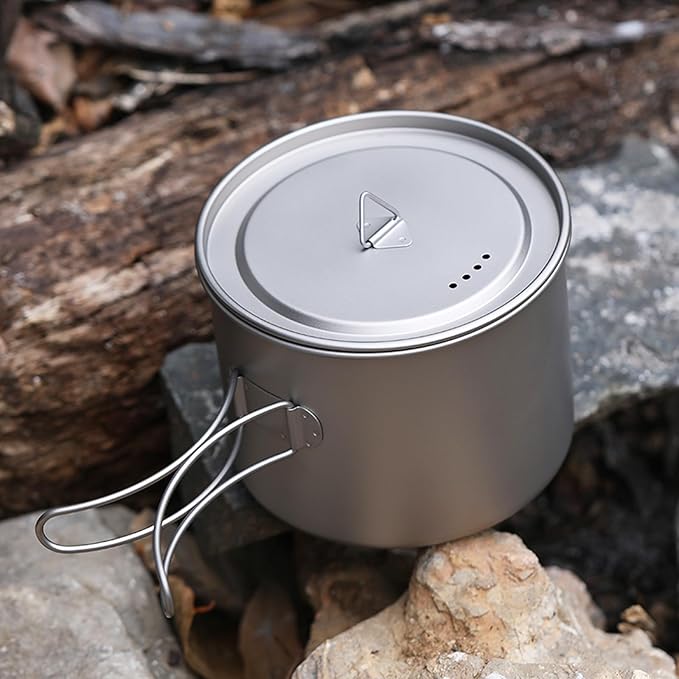 Titanium Pot 900ml & 1100ml & 1600ml Lightweight Camping Cookware for Outdoor Hiking Backpacking Travel, Non-Toxic Druable Cooking Pot with Lid & Folding Handle