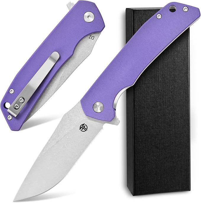 FF17 Folding Pocket Knife,D2 Steel Blade G10 Handle EDC Tool Knife for Outdoor Camping,Hiking,Hunting Fishing (Purple)