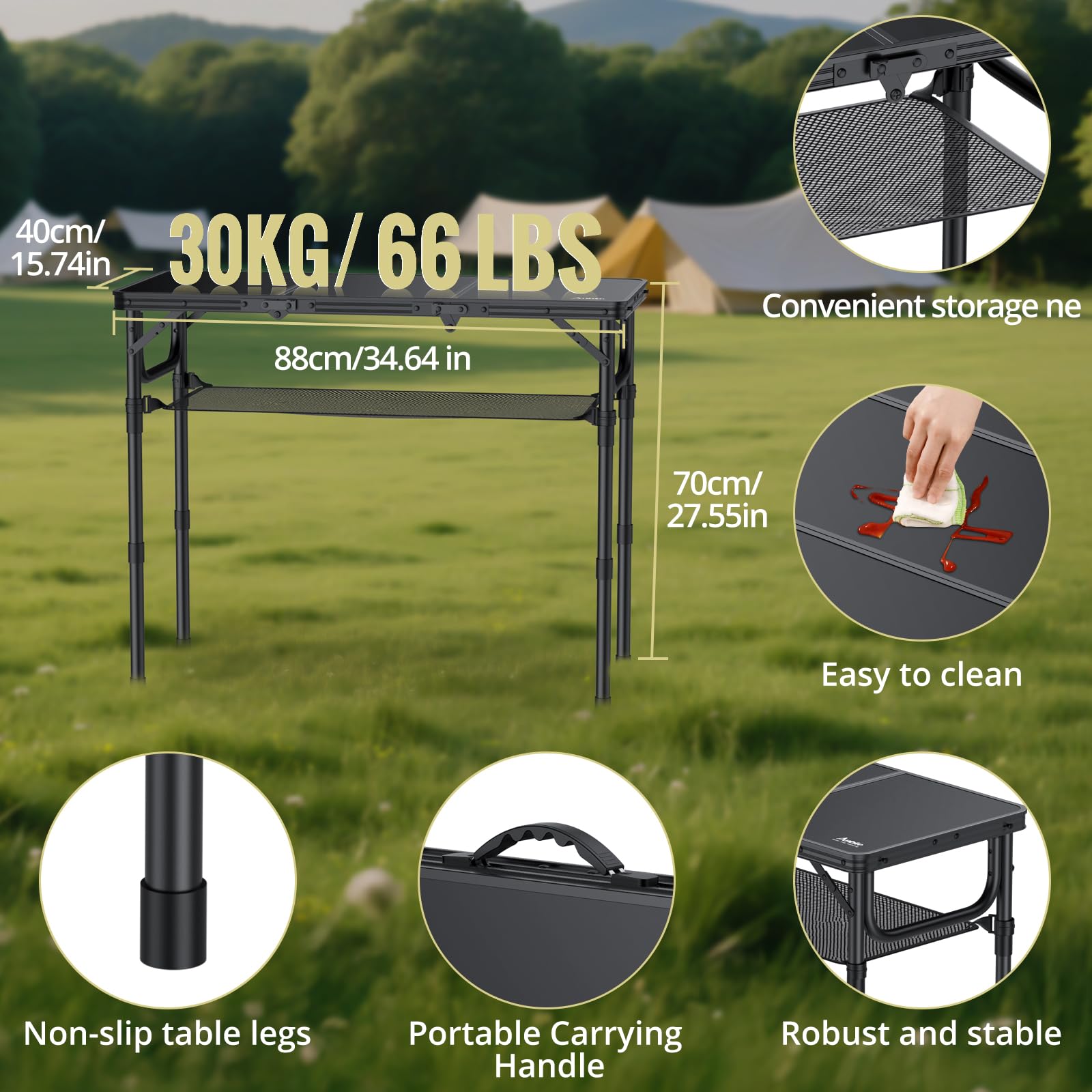 Anbte Folding Camping Table with Storage Net, 3ft Portable Table, 35" x 16"