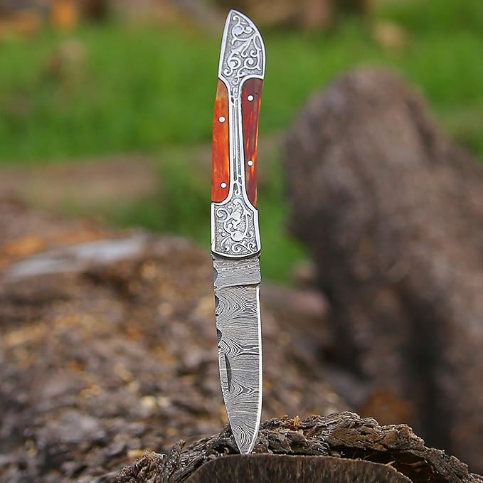 6.5 inch Damascus Pocket Knife with Sheath, Handmade Folding Pocket Knife for Men, Black-Red Wooden Handle with Brass Bolster, Secure Lock Back Camping Knife for EDC,Hunting,Hiking (Multi)
