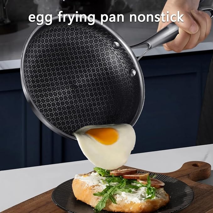 Stainless Steel Pan, Nonstick Frying Pan with Glass Lid, 10.8inch PFOA-Free, Stay-Cool Handle Easily Cleaned Induction Cooktops are Suitable, Compatible with All Cooktops