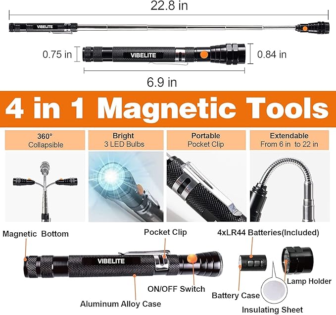 VIBELITE Gifts for Dad, Magnetic Pickup Tool and 6 in 1 Multitool Pen with Touch Screen Stylus, Rulers, Bubble Level, Flathead, Phillips Screwdriver, Ballpoint Pen, Gifts for Men, 2 Pack