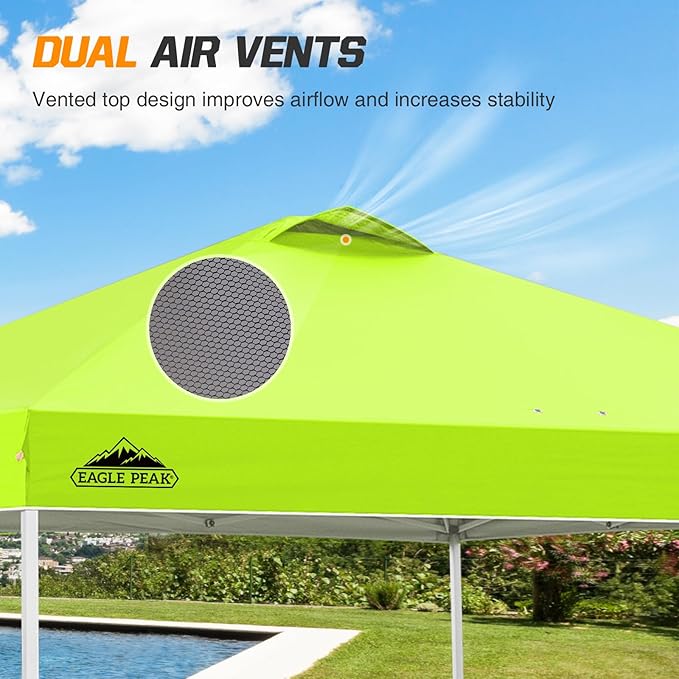 EAGLE PEAK Pop Up Canopy Tent with Wheeled Carry Bag, 8 Stakes, 4 Ropes, 4 Weight Bags, Easy Set Up Tent Canopy, 10x10 ft, 100sqft of Shade, Neon Green