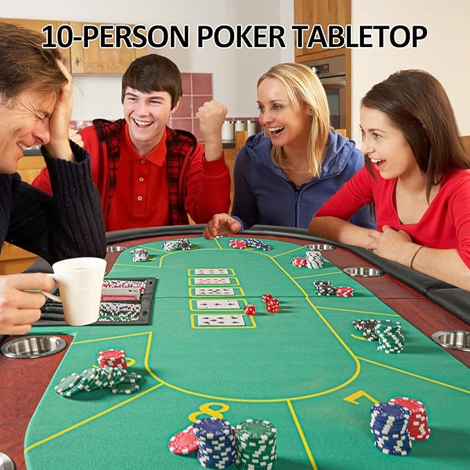 Premium 84" Poker Table Foldable with Chips Tray, 10 Player Oval Folding Portable Texas Holdem Table with Cushioned Rail & Stainless Steel Cup Holders, Green Felt Surface