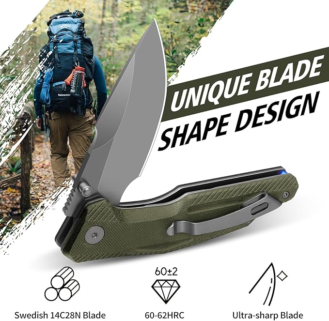 FINTISO Pocket Knife, 3.26" Premium 14C28N Blade G10 Handle with Fire Starter Function, Folding Knife with Pocket Clip for Men Women, EDC Knife for Outdoor Camping, Hunting, Hiking, Survival, Falcon Series